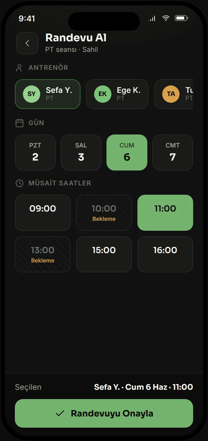 Alpfit Plus üye uygulaması — antrenör seçimi, gün seçimi, müsait saatler ve randevu onayı